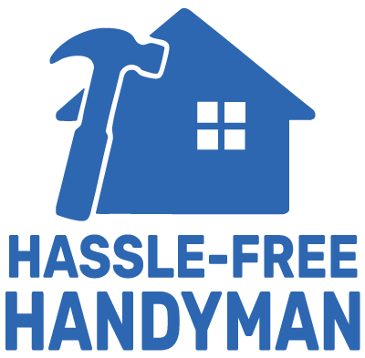 Logo for Hassle-Free Handyman service with stylilzed hammer and house graphic